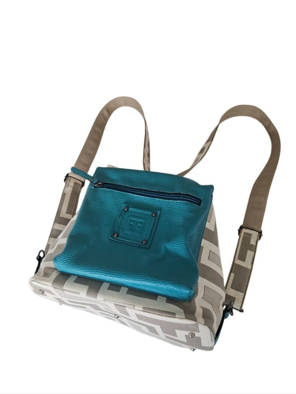 Forest Canvas Geo-Pattern Backpack -Sholder Bag with Teal Leather Pocket - Picture 12 of 16